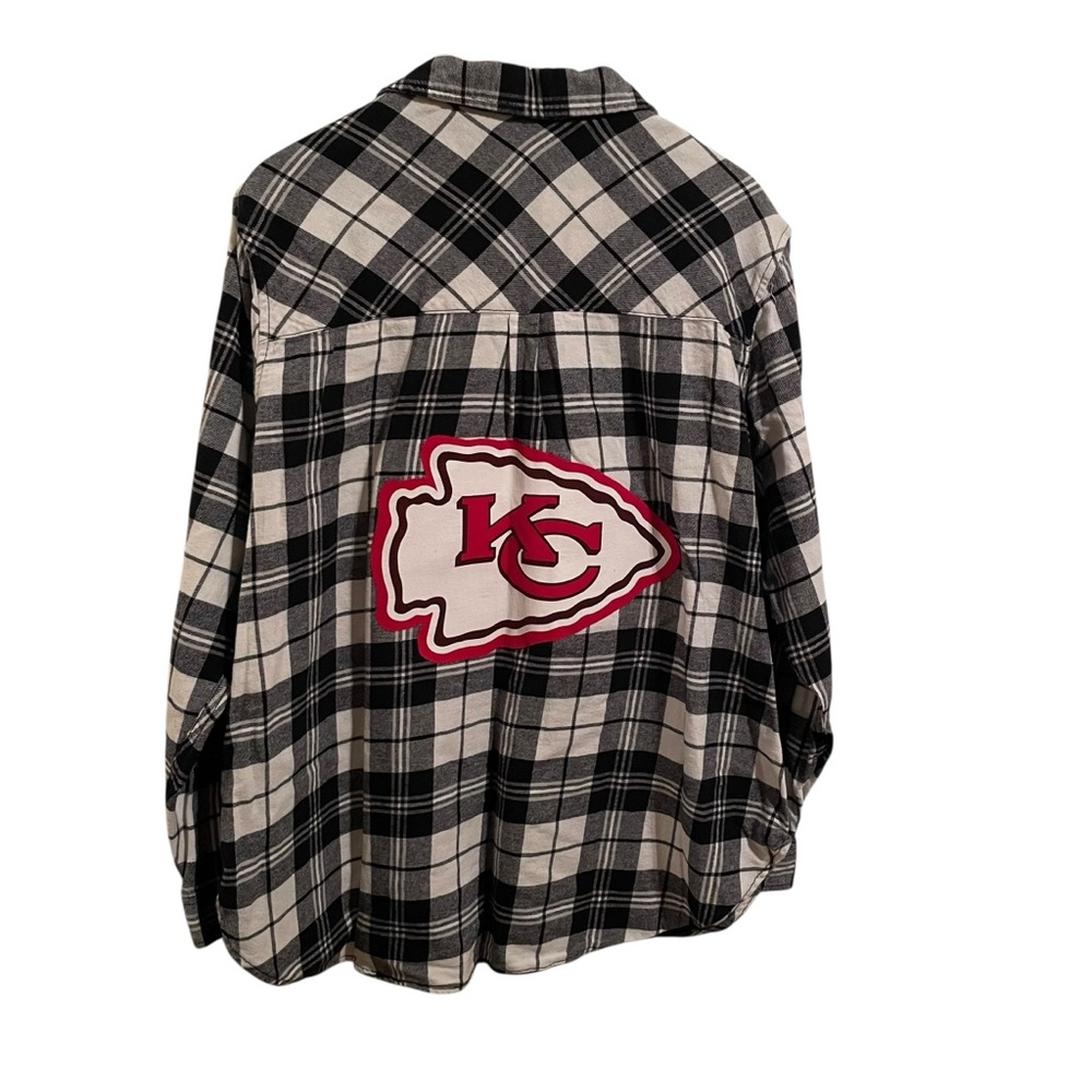 Upcycled Kansas City Chiefs Black and White Plaid Flannel Button Front Shirt XXL